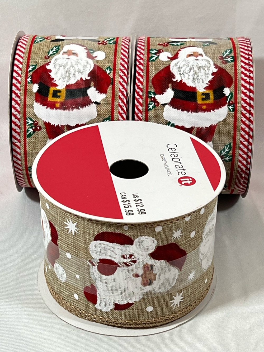 Wired Ribbon 2.5”x20ft (60ft or 20yds total) Santa Claus Christmas Tan Red White